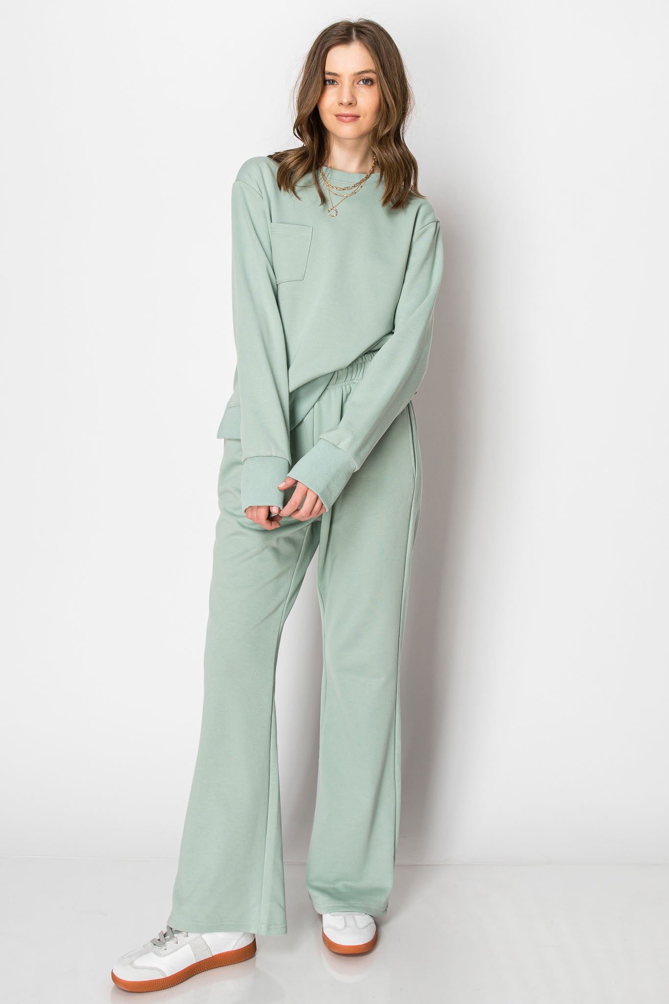 LONG SLEEVE FRENCH TERRY CASUAL COZY FALL LOUNGE SET CREW NECK WIDE