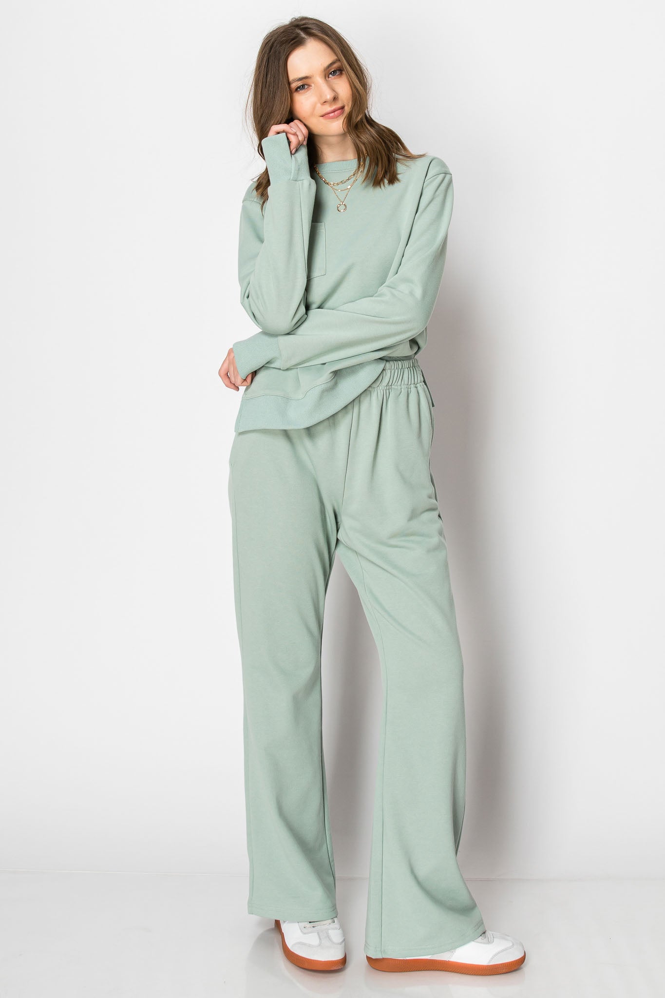 LONG SLEEVE FRENCH TERRY CASUAL COZY FALL LOUNGE SET CREW NECK WIDE