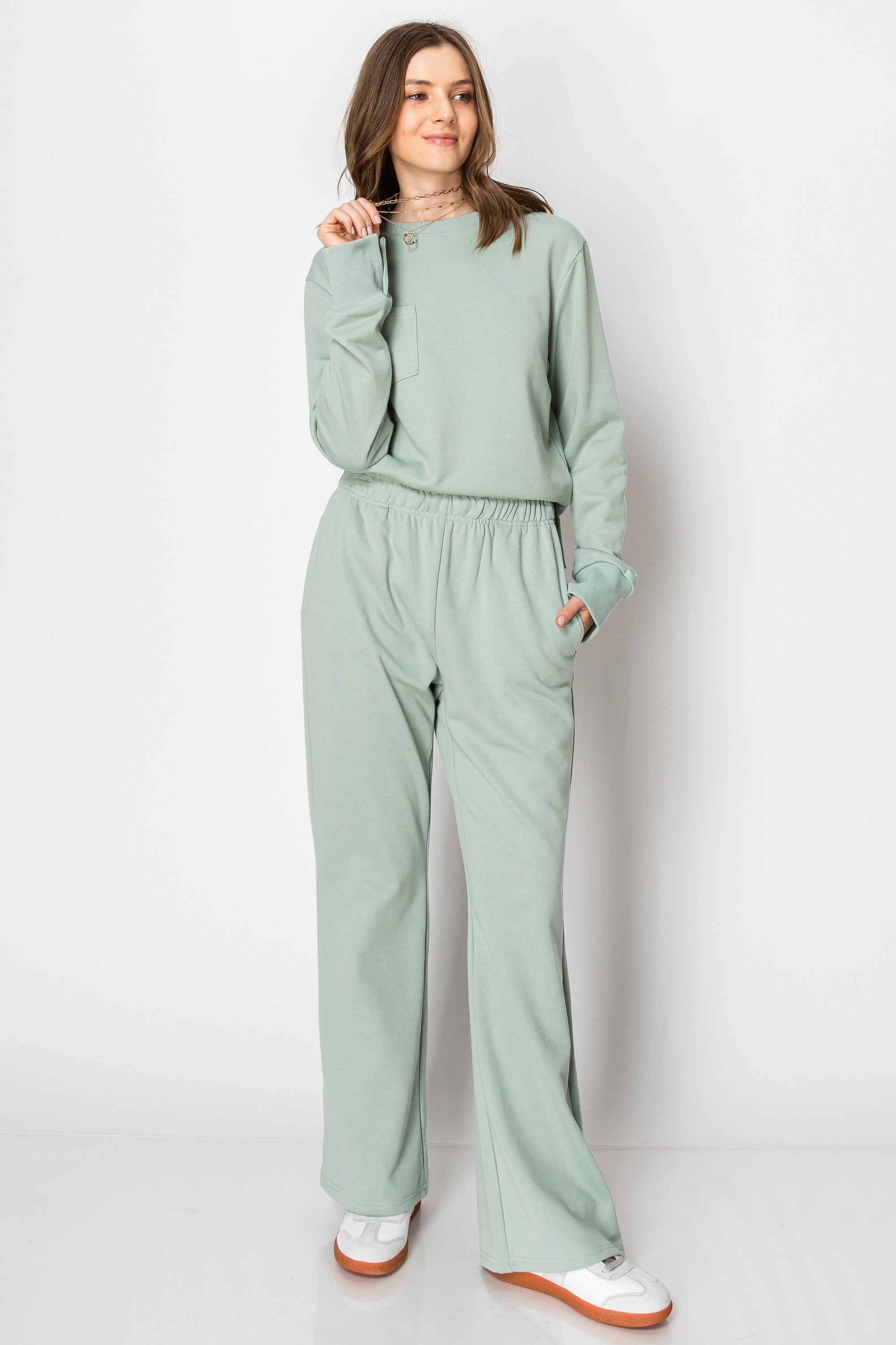 LONG SLEEVE FRENCH TERRY CASUAL COZY FALL LOUNGE SET CREW NECK WIDE