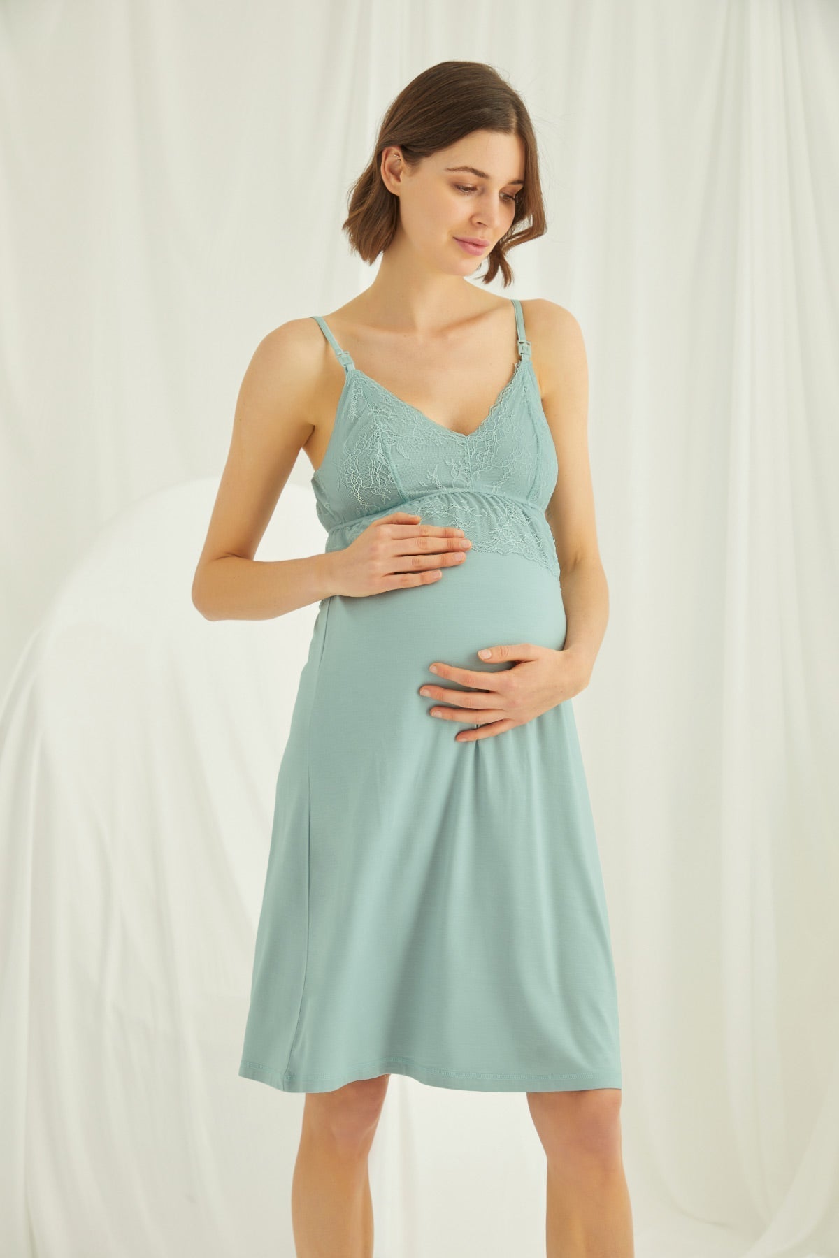 Shopymommy 18470 Lace Strappy Maternity & Nursing Nightgown With Robe