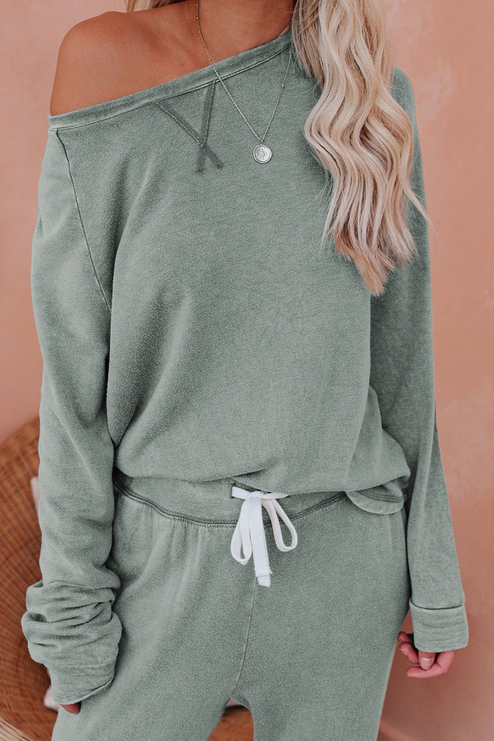 Green Raglan Sleeve Top And Pants Loungewear Set