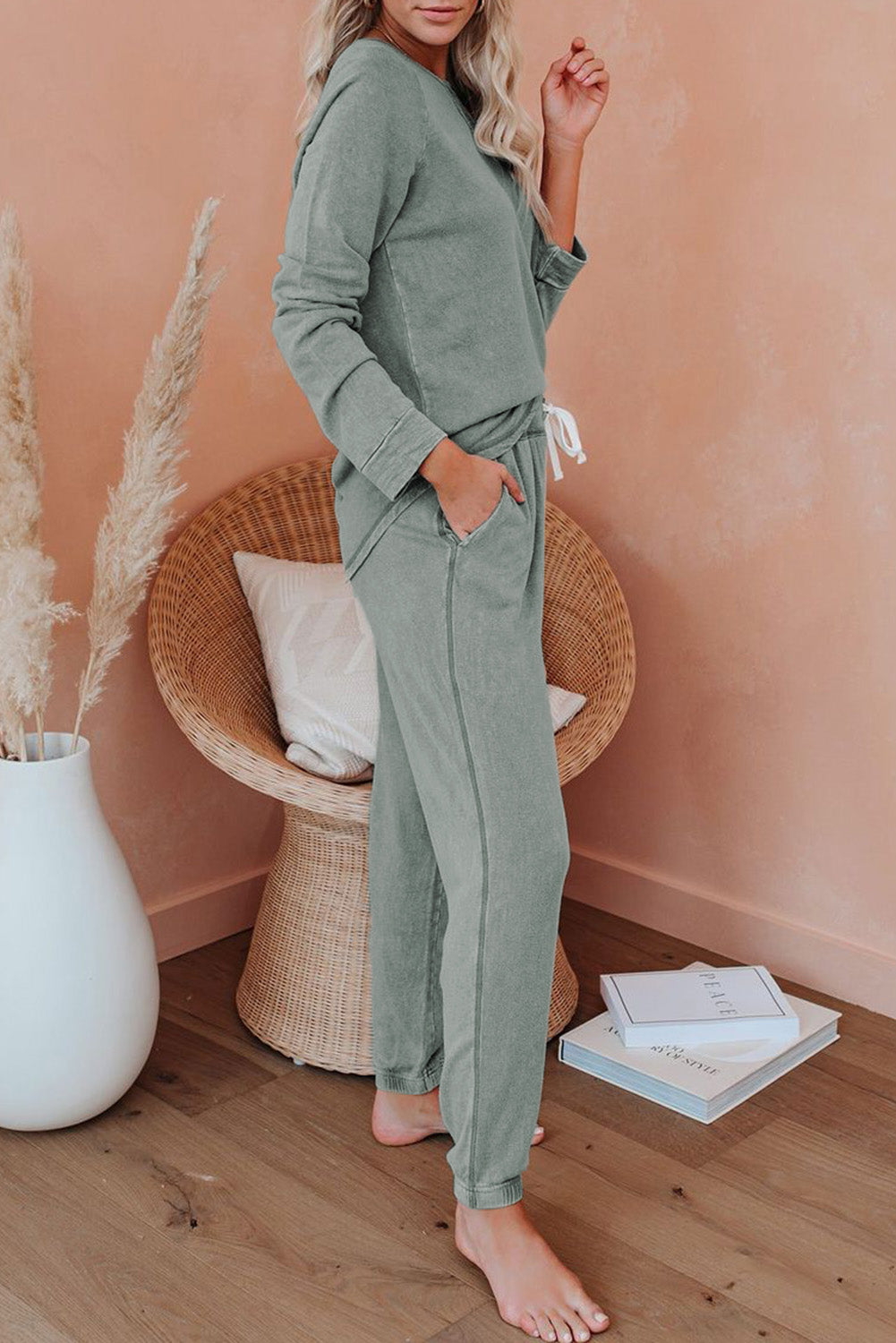 Green Raglan Sleeve Top And Pants Loungewear Set