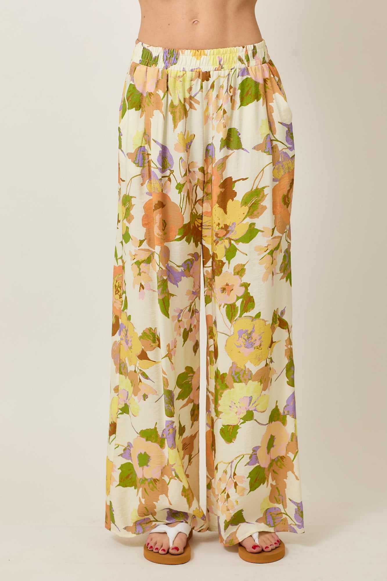FLORAL ELASTIC WAISTBAND WIDE LEG PANTS WITH POCKET