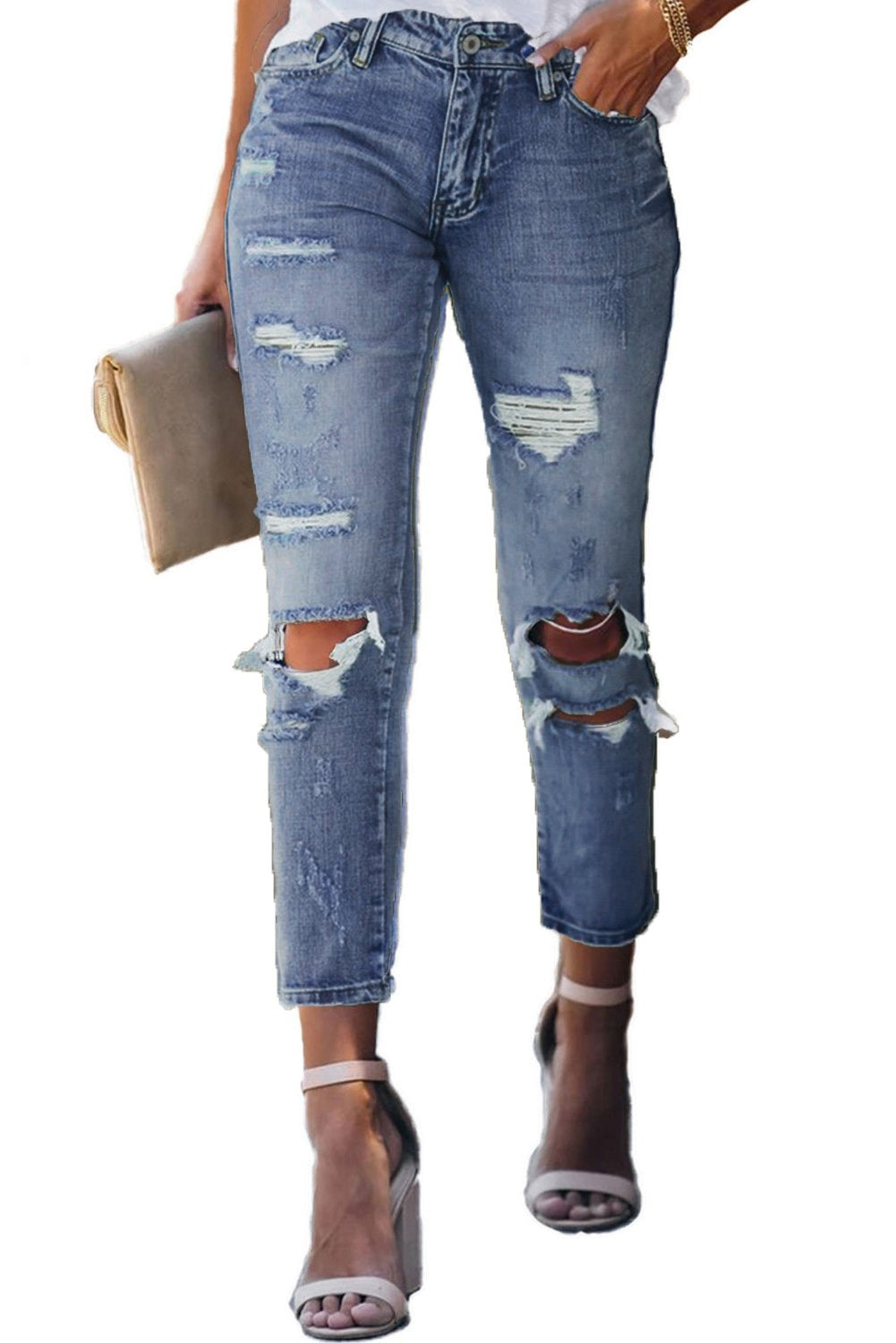 Fading Distressed Holes Crop Jeans