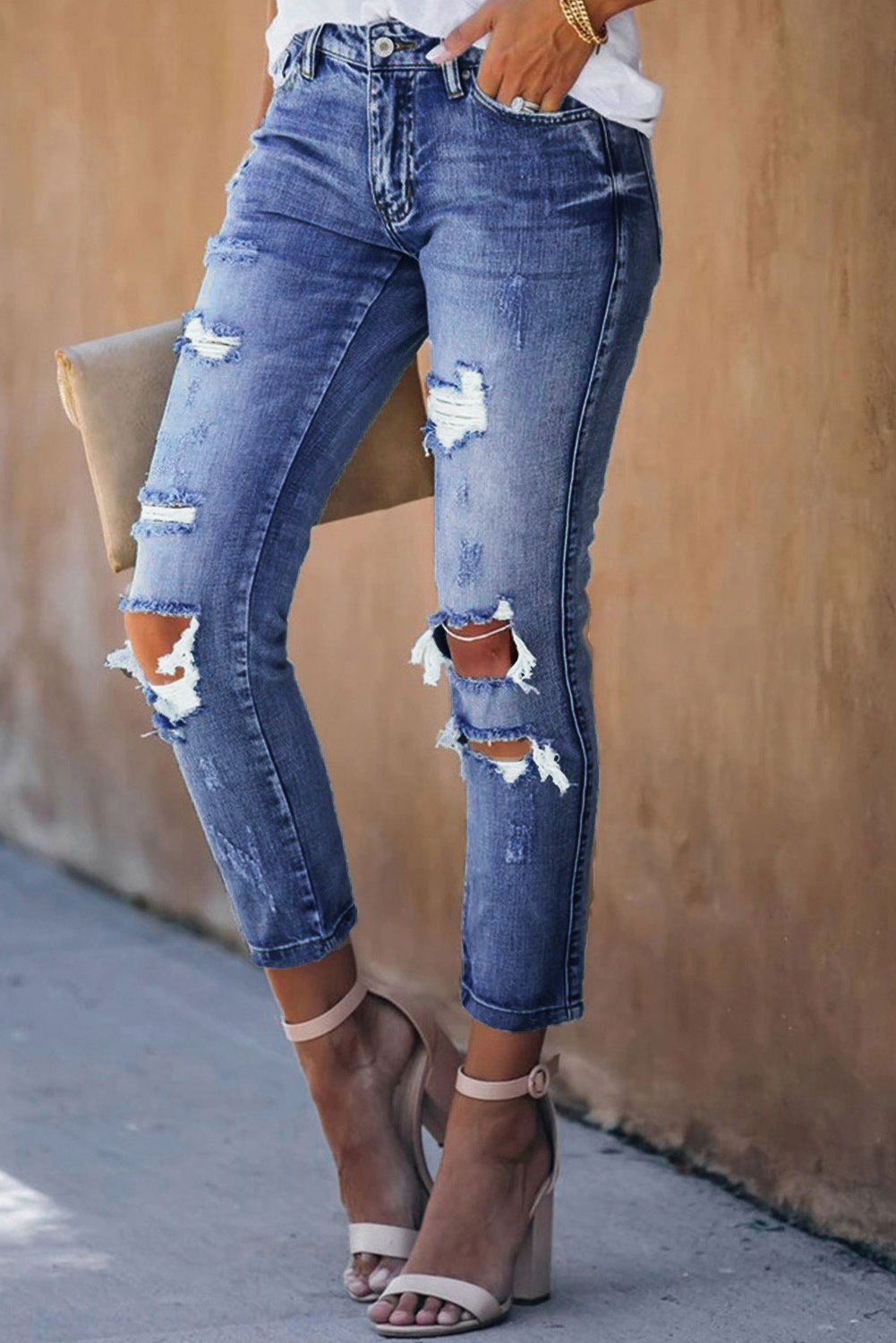 Fading Distressed Holes Crop Jeans