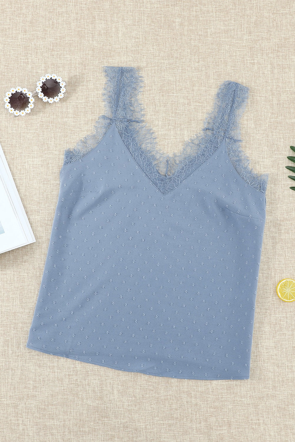 Sky Blue Eyelash V Neck Cami Tank Top