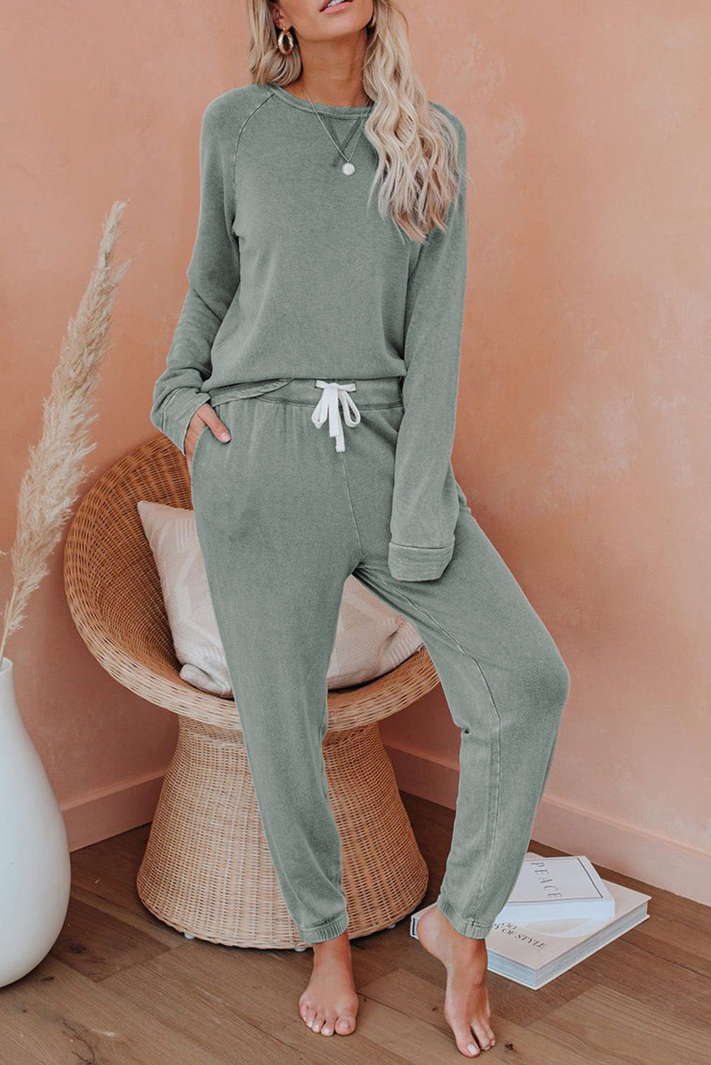 Green Raglan Sleeve Top And Pants Loungewear Set