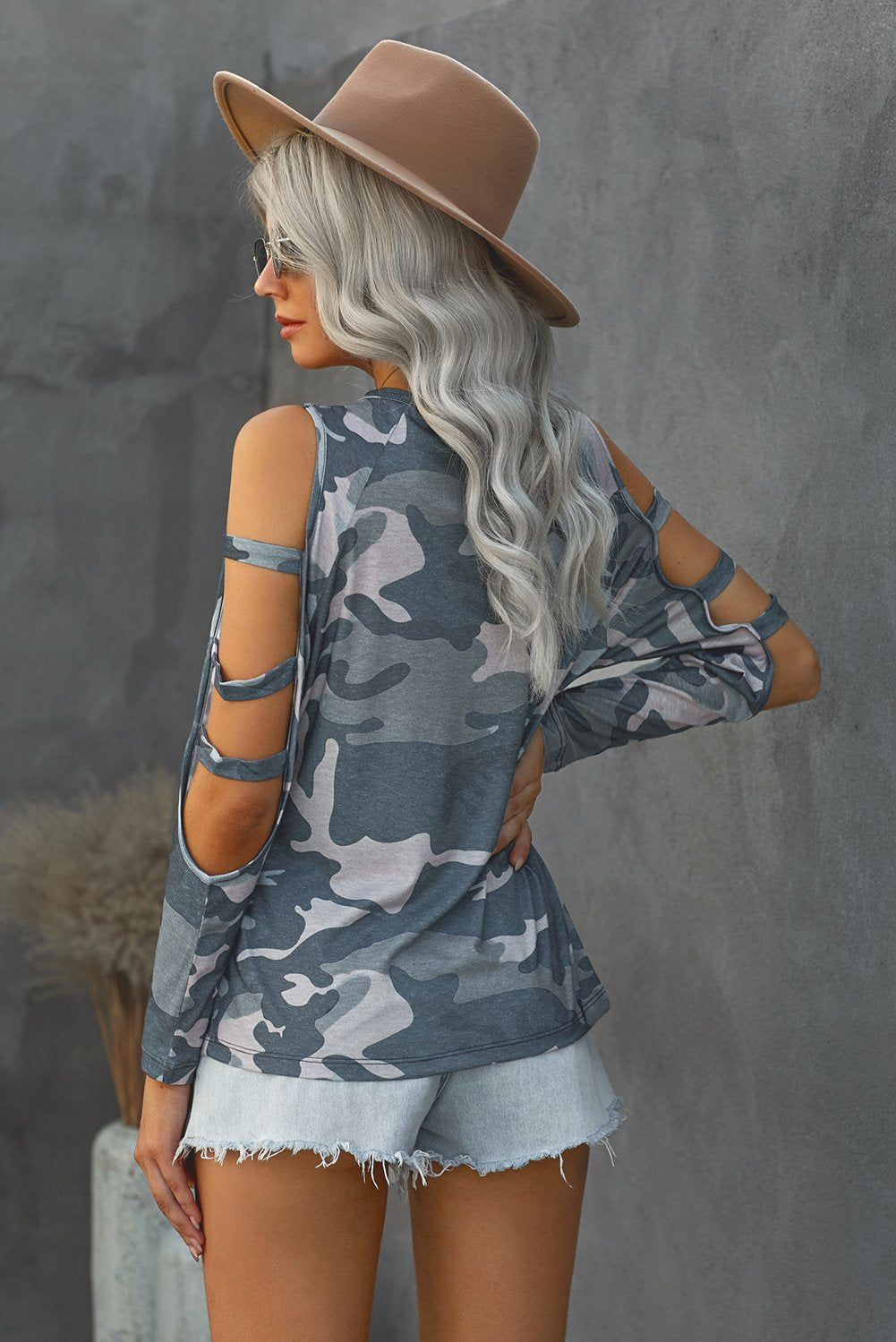 Camouflage Shoulder To Hollow Out Long Sleeve Top