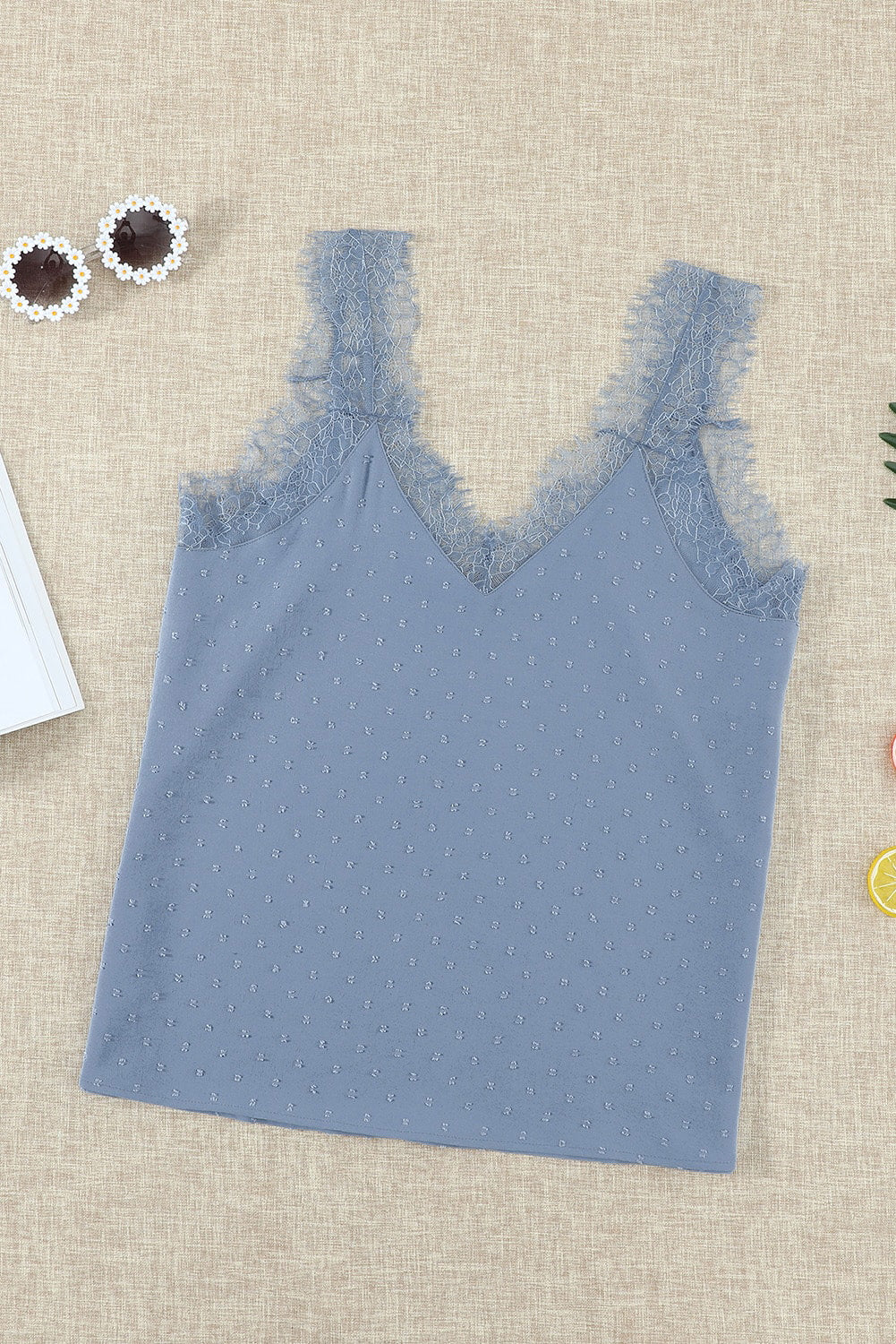 Sky Blue Eyelash V Neck Cami Tank Top