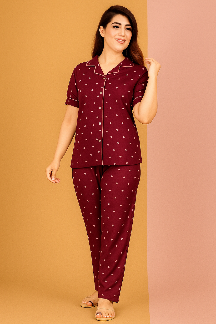Burgundy Short-Sleeve Pajama Set with Heart Print and Comfortable Fit