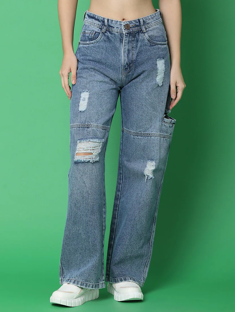 Women's Cotton High Rise Denim Jeans(Size34)(Colorblue)