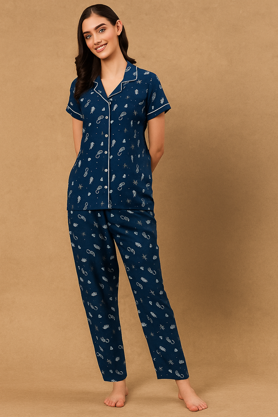 Cosmic Navy Blue Pajama Set with Fun Starry Print for Relaxed Nights