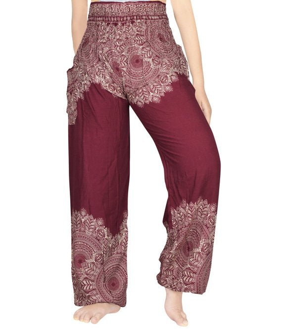 Burgundy FLORAL Women Boho Pants Hippie Pants Yoga Pants