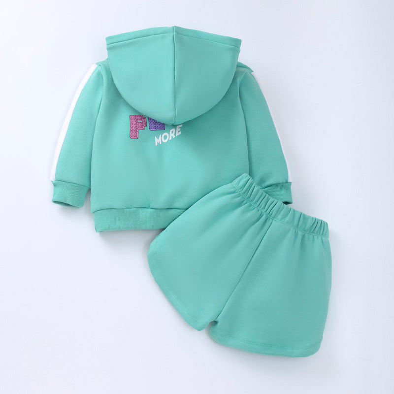 Baby Girl Letter Print Pattern Colorblock Design Hoodies With Shorts 2