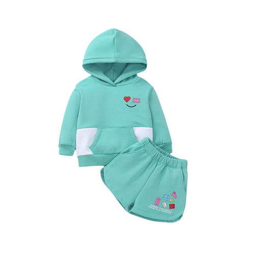 Baby Girl Letter Print Pattern Colorblock Design Hoodies With Shorts 2