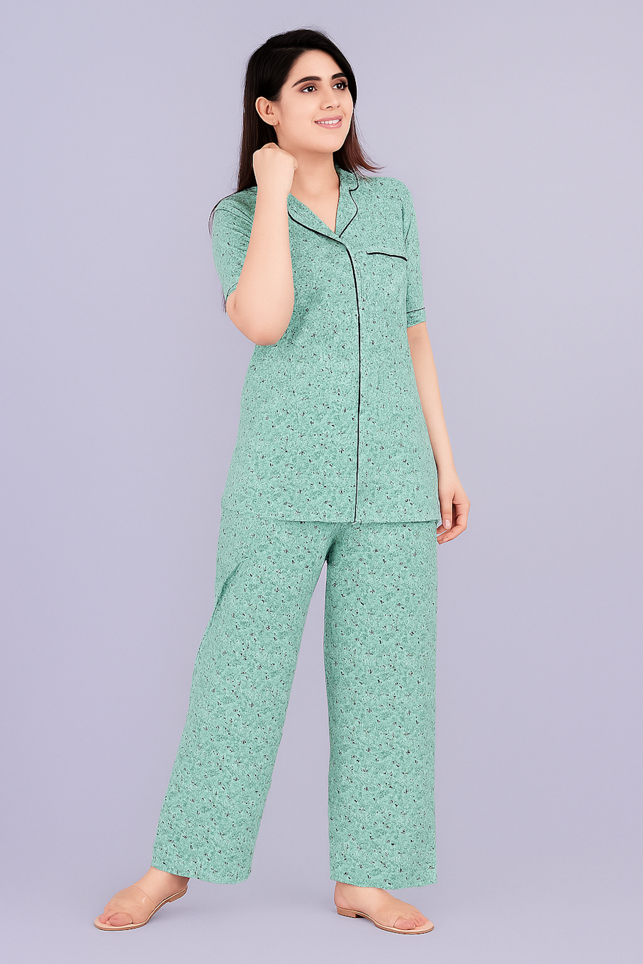 Relaxed Floral Print Mint Green Pajama Set for Comfortable Lounging